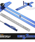 Badass Quick Slide Aluminum T Square Measuring Tool With Built In Protractor Dial For Swift Woodworking Framing And Tight Carpentry Layout Work Essentials displayed with adjustable blue ruler and scriber.