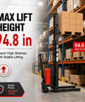Rock Solid 3306 Lbs Semi Electric Pallet Stacker featuring a robust 48V battery, shown lifting to 94.8 inches in a warehouse.