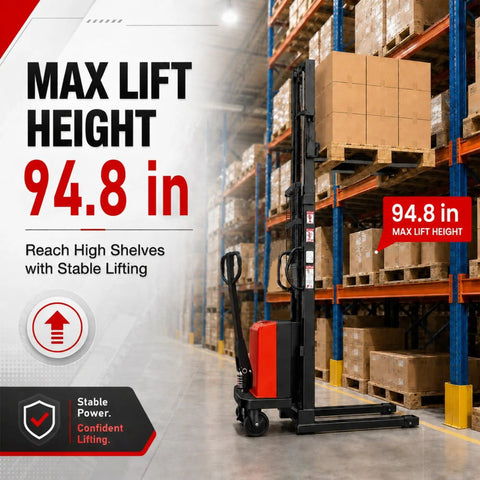 Rock Solid 3306 Lbs Semi Electric Pallet Stacker featuring a robust 48V battery, shown lifting to 94.8 inches in a warehouse.