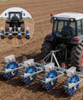 12 Nozzles Pull Behind Garden Seeder For Tractors With Adjustable Planting Stainless Steel Duckbill Tips Multi Crop Seed Drill All In One Farm Tillage Machine attached to tractor in field