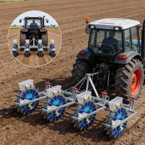 12 Nozzles Pull Behind Garden Seeder For Tractors With Adjustable Planting Stainless Steel Duckbill Tips Multi Crop Seed Drill All In One Farm Tillage Machine attached to tractor in field