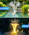 Day and night view of All In One Pond Filter Kit With UV Clarifier And 660GPH Submersible Pump RGB LED Lights in a garden pond.