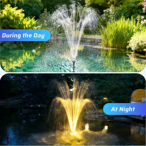 Day and night view of All In One Pond Filter Kit With UV Clarifier And 660GPH Submersible Pump RGB LED Lights in a garden pond.