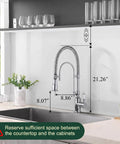 Ialtruistic 2-in-1 High Arc Pull Down Swivel Kitchen Faucet, Chrome with measurements showing height and reach above a kitchen sink.