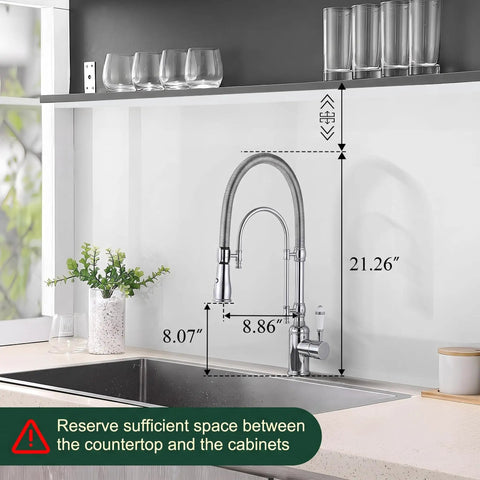 Ialtruistic 2-in-1 High Arc Pull Down Swivel Kitchen Faucet, Chrome with measurements showing height and reach above a kitchen sink.