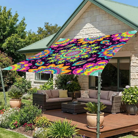 Neon Mandala UV Reactive Sun Shade Sail 6 By 8 Feet Blacklight Glow Canopy for garden parties and backyard gatherings