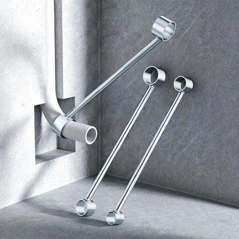 Heavy Duty High Carbon Steel PVC Pipe Bender showing polished steel frame with three bending levers against a concrete wall.
