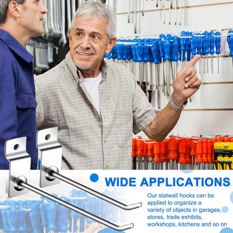 100 Pack Slatwall Hooks 6 And 8 Inch Silver Metal Pegs For Garage Shop Retail Display Heavy Duty Slatwall Hangers shown in retail setup
