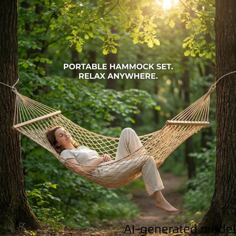 Woman relaxing in Portable Camping Hammock With Wooden Spreader Bar, AntiRollover Mesh Design, Lightweight Outdoor Hammock 79x32