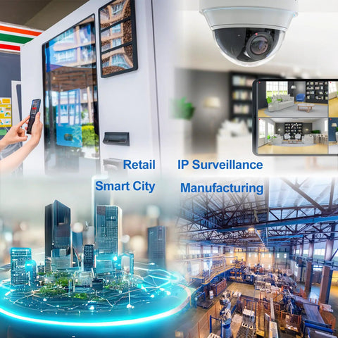 Collage showing applications of Industrial Grade Five Port Unmanaged Fast Ethernet Switch with 10/100Base-TX ports in various sectors.