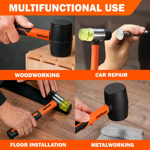 Two Pack Rubber Mallet Hammer Set With 16 Oz Soft Mallet And 33mm Double Faced Mallet Replaceable Heads Fiberglass Handle