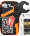 Tough As Nails Snap Fastener Tool Kit With 405 Pcs Boat Cover Snaps, Five Color Set, 15mm Canvas Snaps, ergonomic pliers displayed