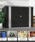 6 X 3 Ft Horizontal Metal Shed With Double Lockable Doors, Easy Lift Hinges And Sloping Roof next to plants and stacked logs