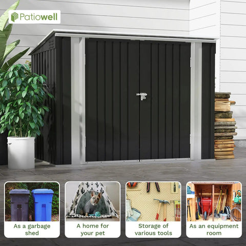 6 X 3 Ft Horizontal Metal Shed With Double Lockable Doors, Easy Lift Hinges And Sloping Roof next to plants and stacked logs