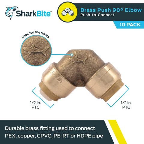 Push To Connect Brass Plumbing Elbow Fitting For Half Inch PEX Copper CPVC PERT HDPE Pack Of Ten Ninety Degree Bend