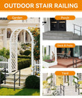 Built Like A Brick Carbon Steel Handrail For Outdoor Steps Rust Free Wrought Iron Style Stair Railing showing various uses in garden, porch, deck, and yard.