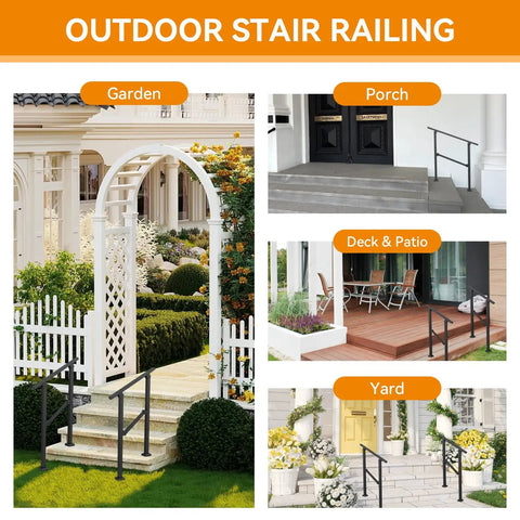 Built Like A Brick Carbon Steel Handrail For Outdoor Steps Rust Free Wrought Iron Style Stair Railing showing various uses in garden, porch, deck, and yard.