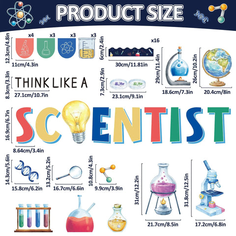 Image of a Lab Themed Bulletin Board Decor Set For Classrooms With 35 Lab Cutouts 16 Colorful Borders And Banners Plus Adhesive Sheets For Easy Wall Displays Back To School Teacher Supplies And Lab Classroom Decor, showing size and design details of the science-themed cutouts.