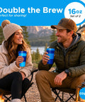 Next Level Insulated 16 Oz Travel Mugs Set Of 2 With Spill Resistant Lids on a camping trip with two people enjoying hot drinks.