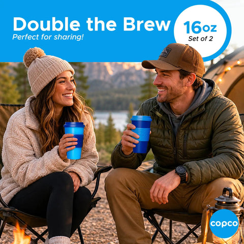 Next Level Insulated 16 Oz Travel Mugs Set Of 2 With Spill Resistant Lids on a camping trip with two people enjoying hot drinks.