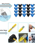 Image of RJ45 plugs and operation steps for Built Like A Tank Network Tool Kit Set Featuring Cable Tester Heavy Duty Wire Stripper.