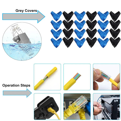 Image of RJ45 plugs and operation steps for Built Like A Tank Network Tool Kit Set Featuring Cable Tester Heavy Duty Wire Stripper.