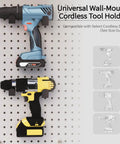 Beefed Up Heavy Duty Drill Holder Wall Mount Universal Cordless Drill Dock 2 Pack with drills on pegboard