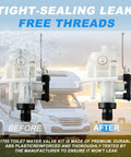 Freeze Resistant RV Toilet Water Valve Kit before and after installation with RV in background, highlighting leak-free feature.