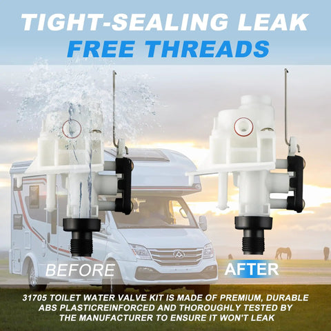 Freeze Resistant RV Toilet Water Valve Kit before and after installation with RV in background, highlighting leak-free feature.