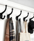 Six Pack Cast Iron Wall Hooks Vintage Black Metal Heavy Duty Coat Rack with scarves and tote bag for entryway use.