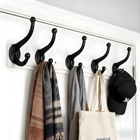 Six Pack Cast Iron Wall Hooks Vintage Black Metal Heavy Duty Coat Rack with scarves and tote bag for entryway use.