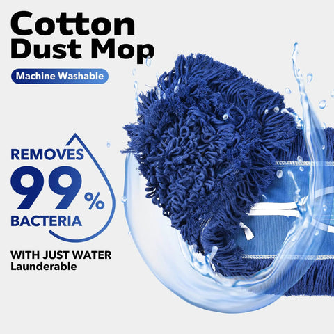 24 Inch Heavy Duty Cotton Dust Mop Refill Washable Replacement Heads For Large Spaces And Warehouses Fits Standard Frames On Hardwood Marble And Concrete 3 Pack close-up showing blue cotton mop head with water droplets