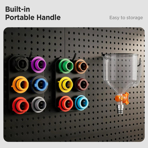 Universal Spill Proof Engine Oil Funnel Kit With Flow Control Valve attached to pegboard, with multi-color adapters and magnetic organizers.