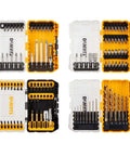 DEWALT 100-piece screwdriver and drill bit set in yellow/black case; four cases shown