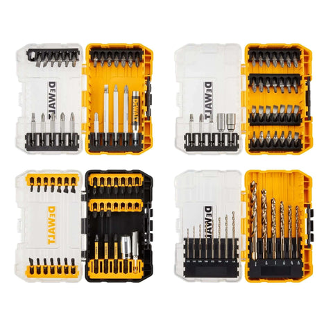DEWALT 100-piece screwdriver and drill bit set in yellow/black case; four cases shown