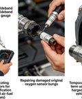 Universal Oxygen Sensor Bung Kit For Exhaust Piping in use on vehicles, showing sensor installation and testing scenarios