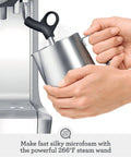 Close-up of steam wand on Barista Express Inspired Espresso Machine With Built In Grinder For Quick Beans To Espresso Dose Control Grinding 4 Keys Formula Home Barista Setup In Brushed Stainless Steel