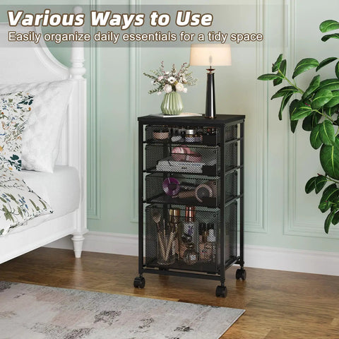 Rolling File Cart With Four Drawers And Printer Stand On Wheels Mobile Filing Cabinet For Home Office Hanging File Organizer Under Desk Storage Printer Shelf Black used as a bedside organizer.