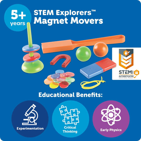 Magnet Movers STEM Kit For Kids, showcasing magnetic exploration tools and educational benefits for critical thinking and motor skills.