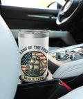 Patriotic 1776 USA Tumbler With Stainless Steel Insulation, Retro Sailboat Flag Design in car cup holder, perfect for July 4th.