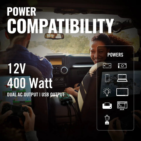Top Rated 400 Watt Dc To Ac Power Inverter For Cars Rvs And Trailers Features dual AC outlets and USB ports in vehicle with passengers.