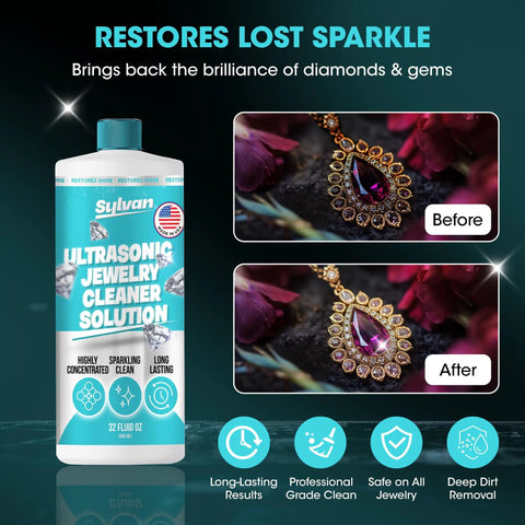 Ultra Strong 32 Oz Ultrasonic Jewelry Cleaner Solution Knocks Out Stubborn Lotion Grease And Daily Grime From Diamond Rings Silver Watches And Prescription Glasses While Keeping Things Budget Friendly, showcasing before and after cleaning results.