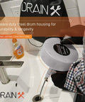 Pro 50 Foot Heavy Duty Steel Drum Drain Auger Plumbing Snake With Work Gloves And Storage Bag in use in bathroom sink