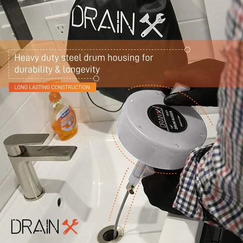 Pro 50 Foot Heavy Duty Steel Drum Drain Auger Plumbing Snake With Work Gloves And Storage Bag in use in bathroom sink