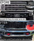 Before and after Ford Super Duty Red Tow Hook Covers for F250 F350 F450 2017 Through 2026 Easy Install Tow Hitch Cover Kit