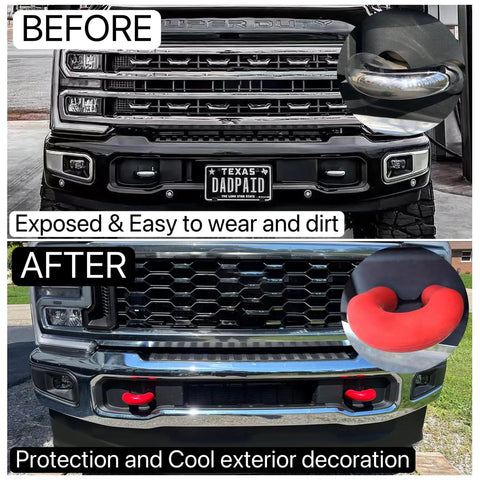 Before and after Ford Super Duty Red Tow Hook Covers for F250 F350 F450 2017 Through 2026 Easy Install Tow Hitch Cover Kit