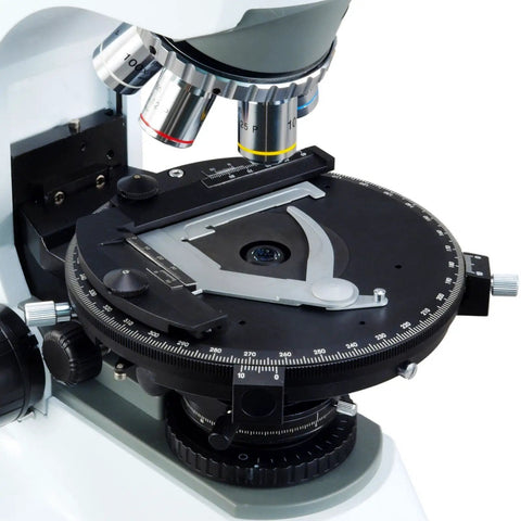Digital Infinity Trinocular Polarizing Microscope With 50X To 1000X Magnification, High Eyepoint 22mm Eyepieces, Reticle Options, Plan Achromatic Objectives, Built For Labs, Classrooms, And Real Pros. Rotary polarizing stage with scale and specimen holder.