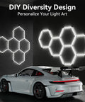 Hexagon Garage Ceiling Lights 18-Grid LED Panel, 72 Pack Ultra Bright 70,000 Lumens on wall with sports car below