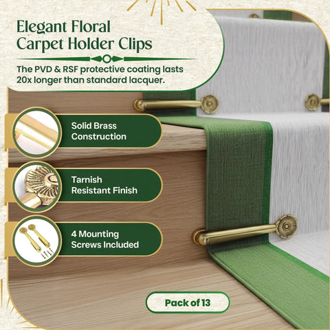 Elegant floral stair carpet holder clips with PVD and RSF protective coating, solid brass, tarnish-resistant, pack of 13.