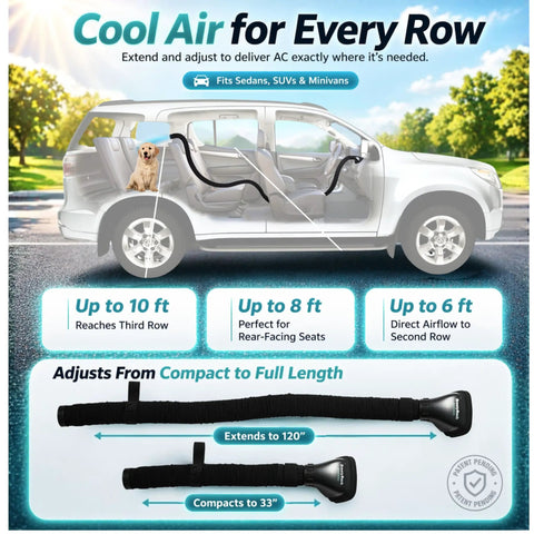 Diagram showing Backseat Breeze Extender For Car AC Vent, illustrating flexible hose reaching back seats and rear airflow adjustments.